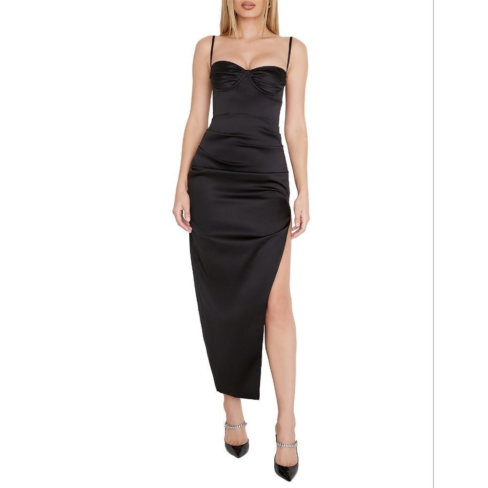 House of CB Elegant Black Asymmetrical Flora Black Satin Dress